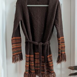 Vintage Cardigan with Striped Accents & Fringe